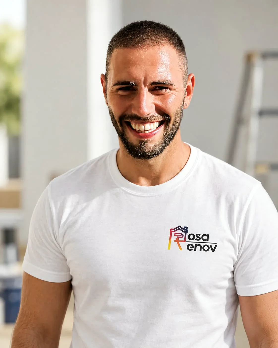 Portrait de Philippe Rosa, artisan RosaRenov, portant un tee-shirt avec le logo de l'entreprise.